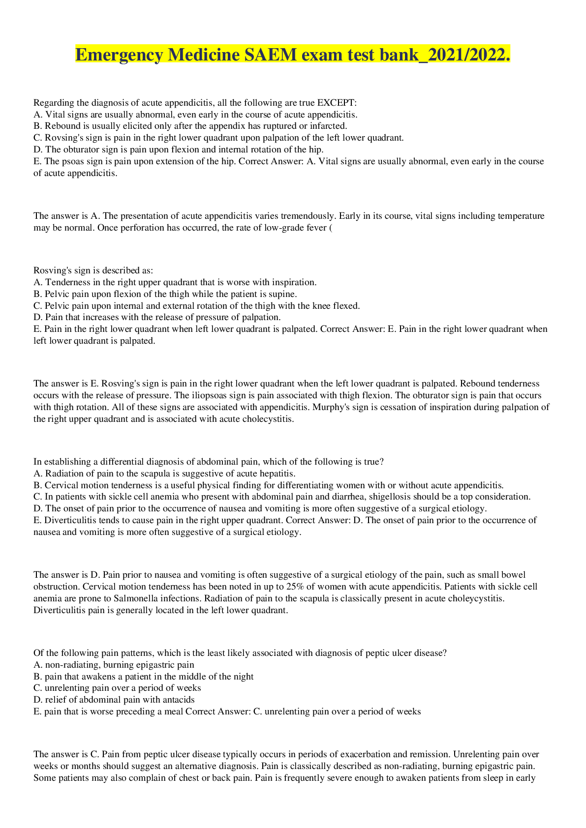 Emergency Medicine SAEM Quizzes, Comprehensive Exam test bank (answered